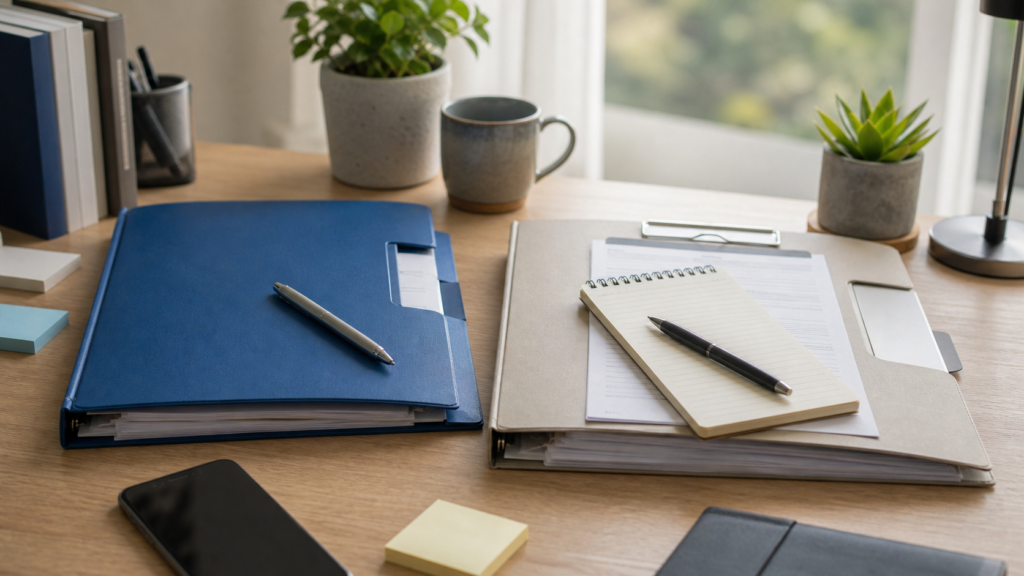 Healthcare folders and appointment notes representing NHS and private access routes