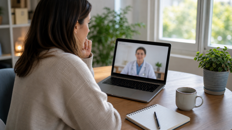 Person attending an online healthcare consultation with notes on a desk