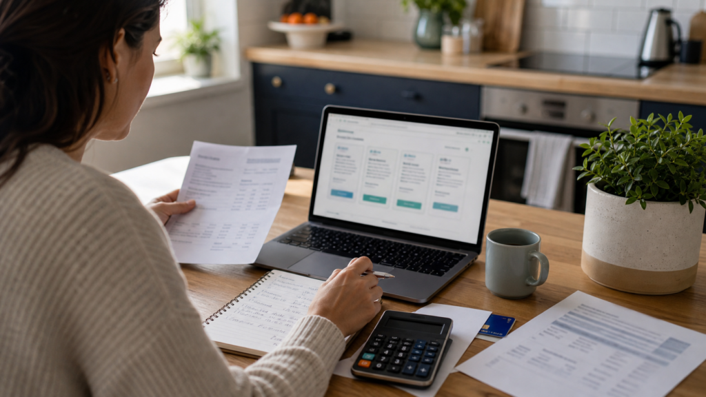 Person comparing weight-loss provider fees and offer details at a kitchen table